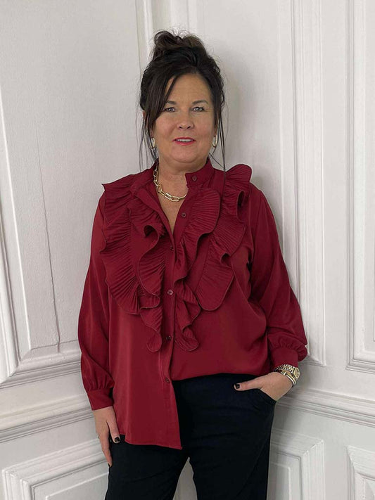 Plissé Ruffle Shirt - Ruby