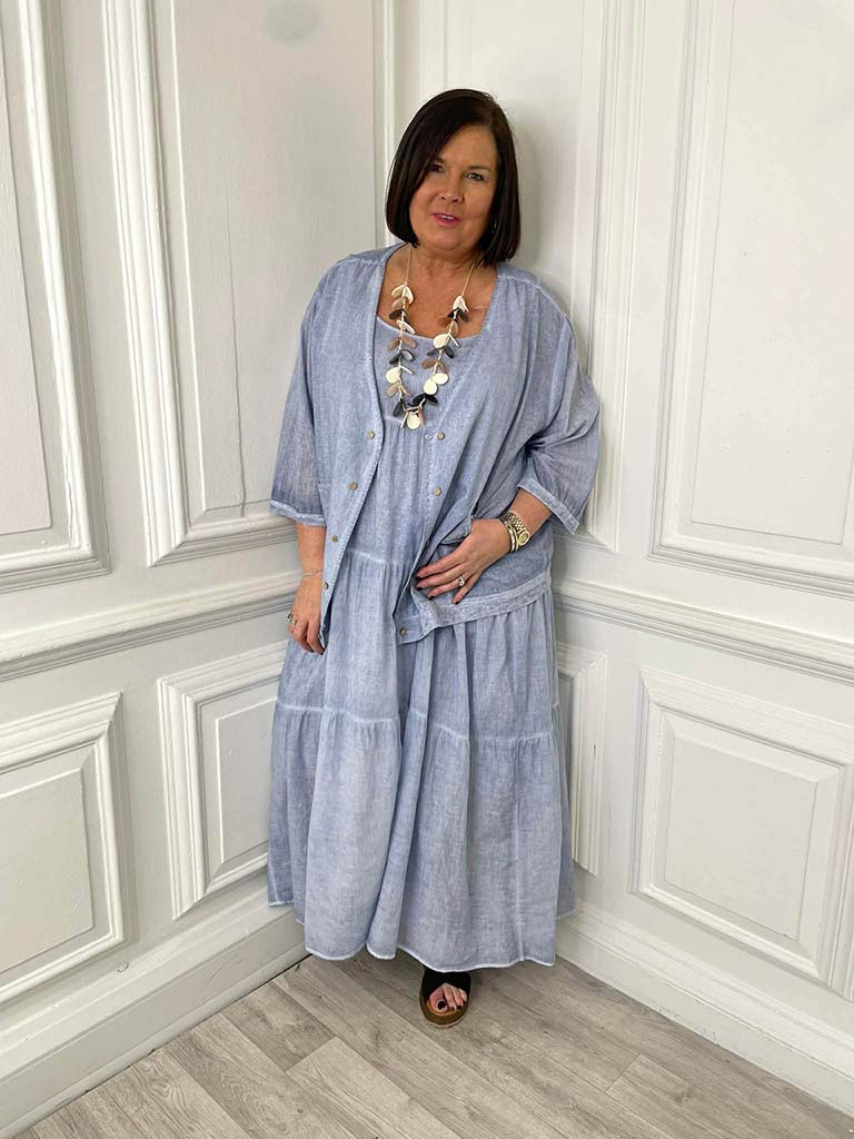 Two Piece Cotton Dress & Jacket - Vintage Blue