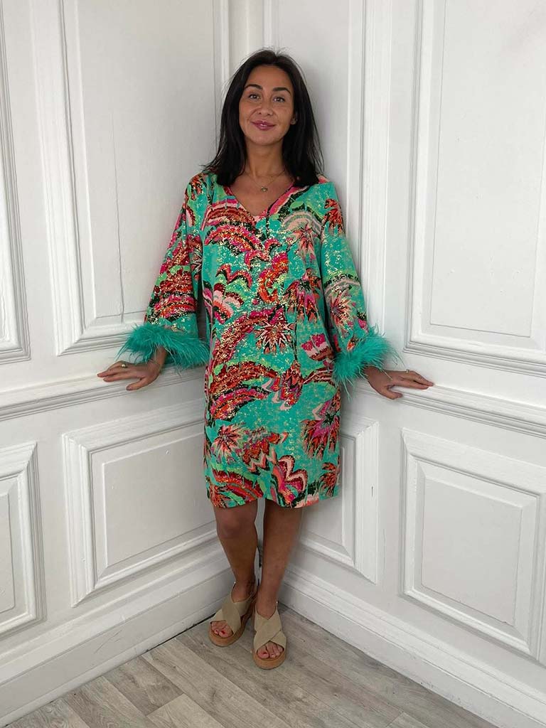 Jade green Malissa J Rio feather dress with relaxed fit and long sleeves, modern womens fashion for everyday wear. - Malissa J Rio Feather Dress - Jade
