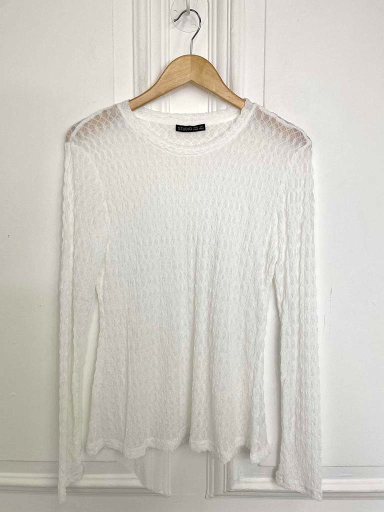 Warm white honeycomb mesh long-sleeve top with relaxed styling for modern womens fashion and everyday wear. - Honeycomb Mesh Layering Top - Warm White