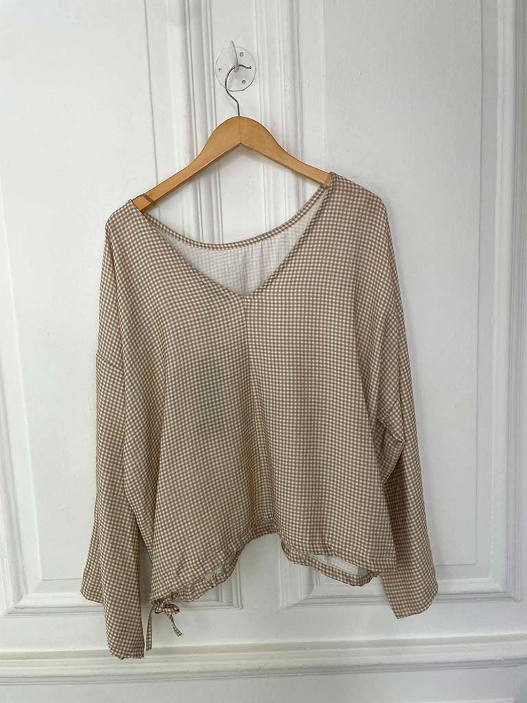 Gingham Tie Side Top - Stone