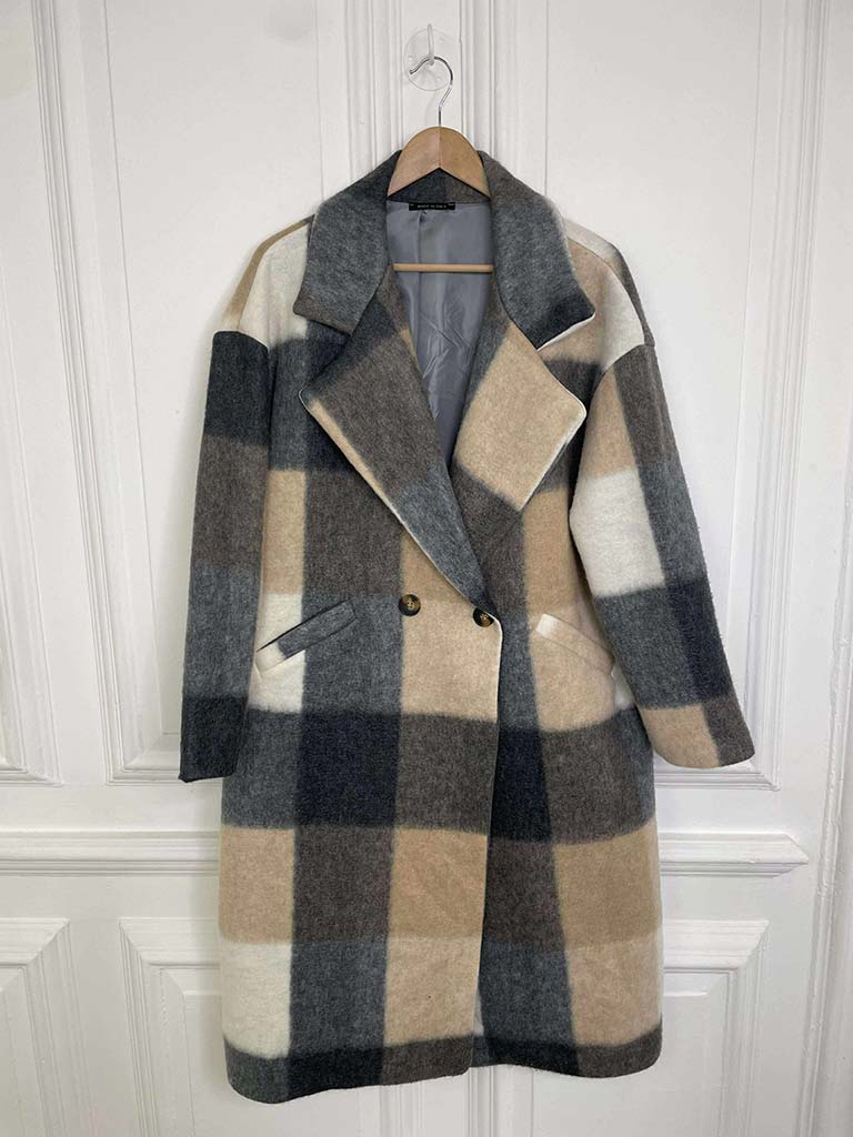 Check Wool Mix Coat - Stone