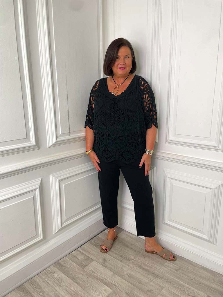 V-Neck Cotton Crochet Top - Black