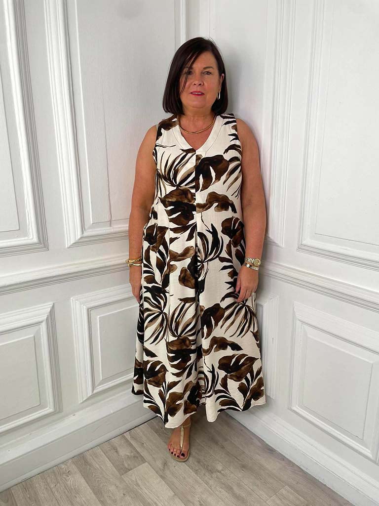 Tropical Print Dress - Coffee