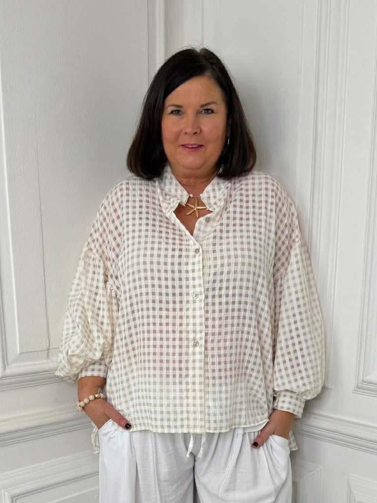 Gingham Balloon Sleeve Shirt - Stone