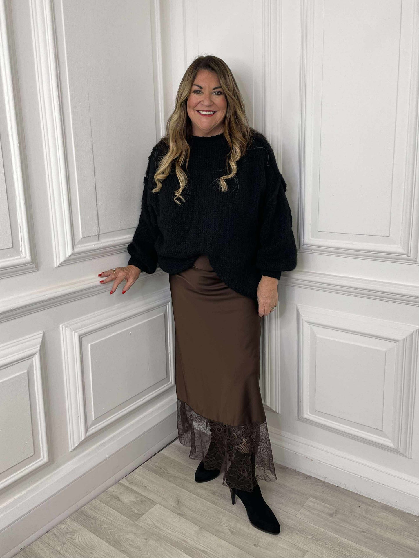 Lace Trim Maxi Skirt - Chocolate