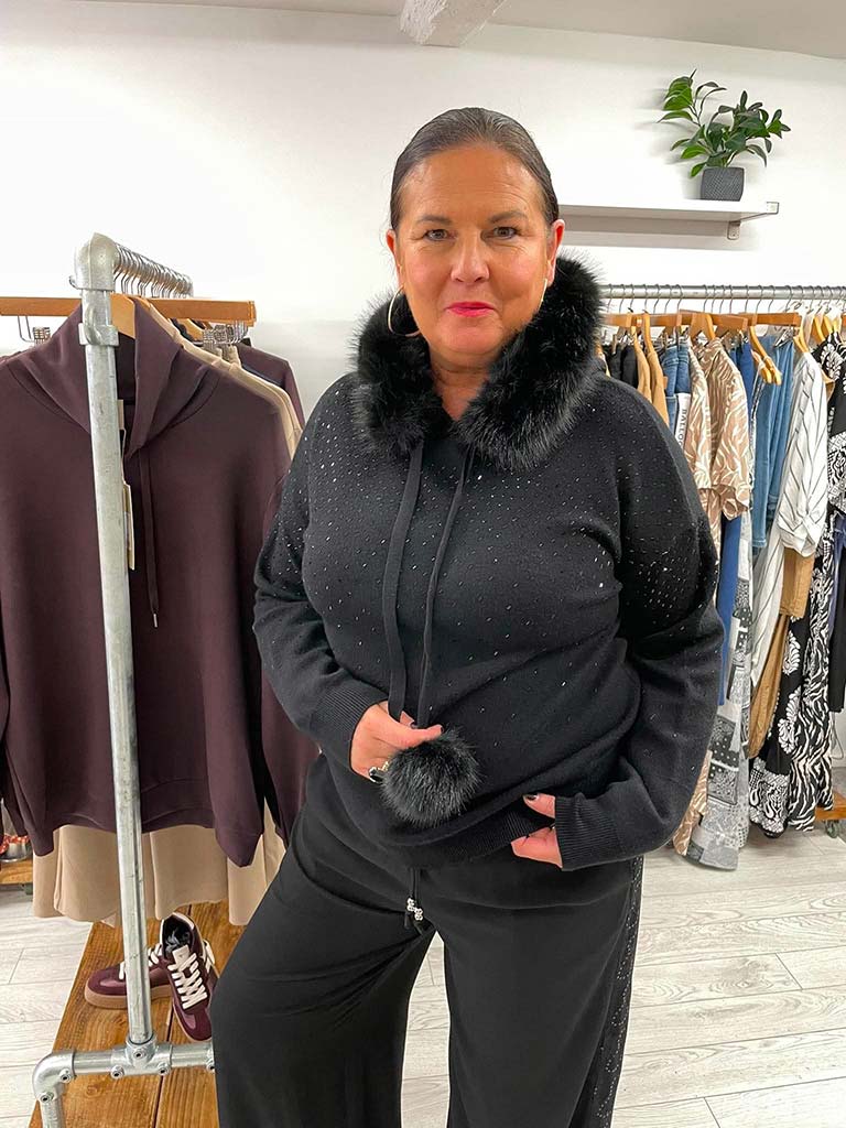 Malissa J Embellished Faux Fur Hoodie - Black
