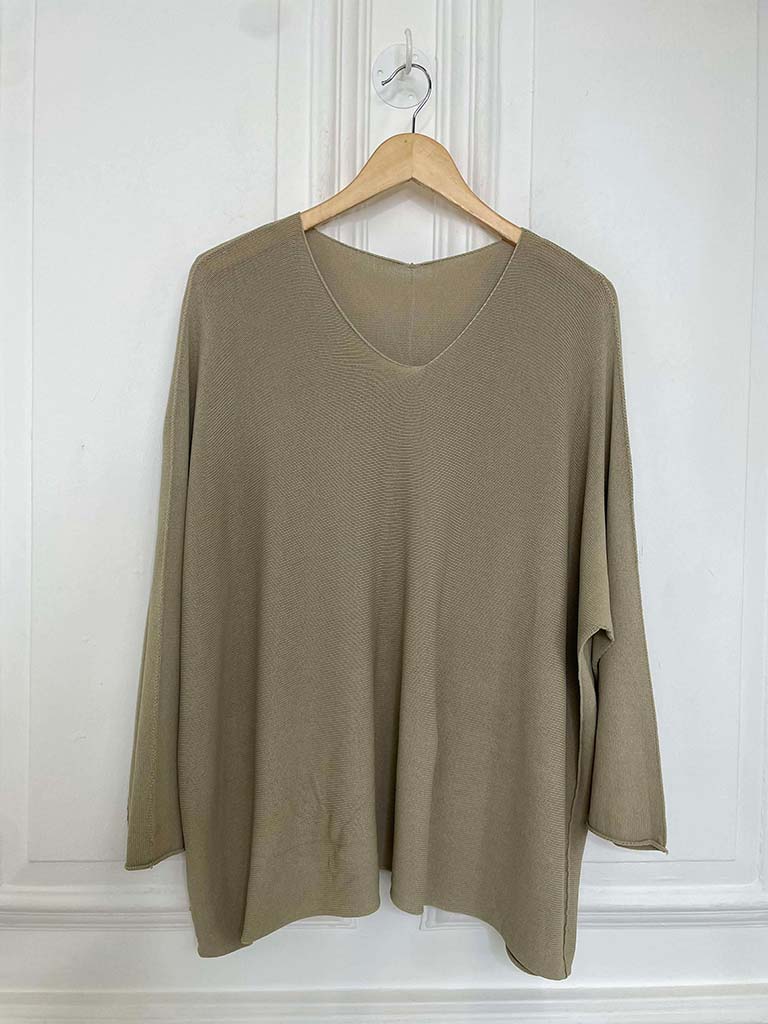 V-Neck Raw Edge Knit - Hessian