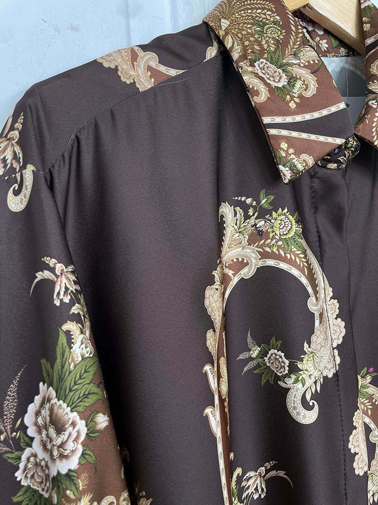Ornate Floral Silk Feel Shirt - Chocolate