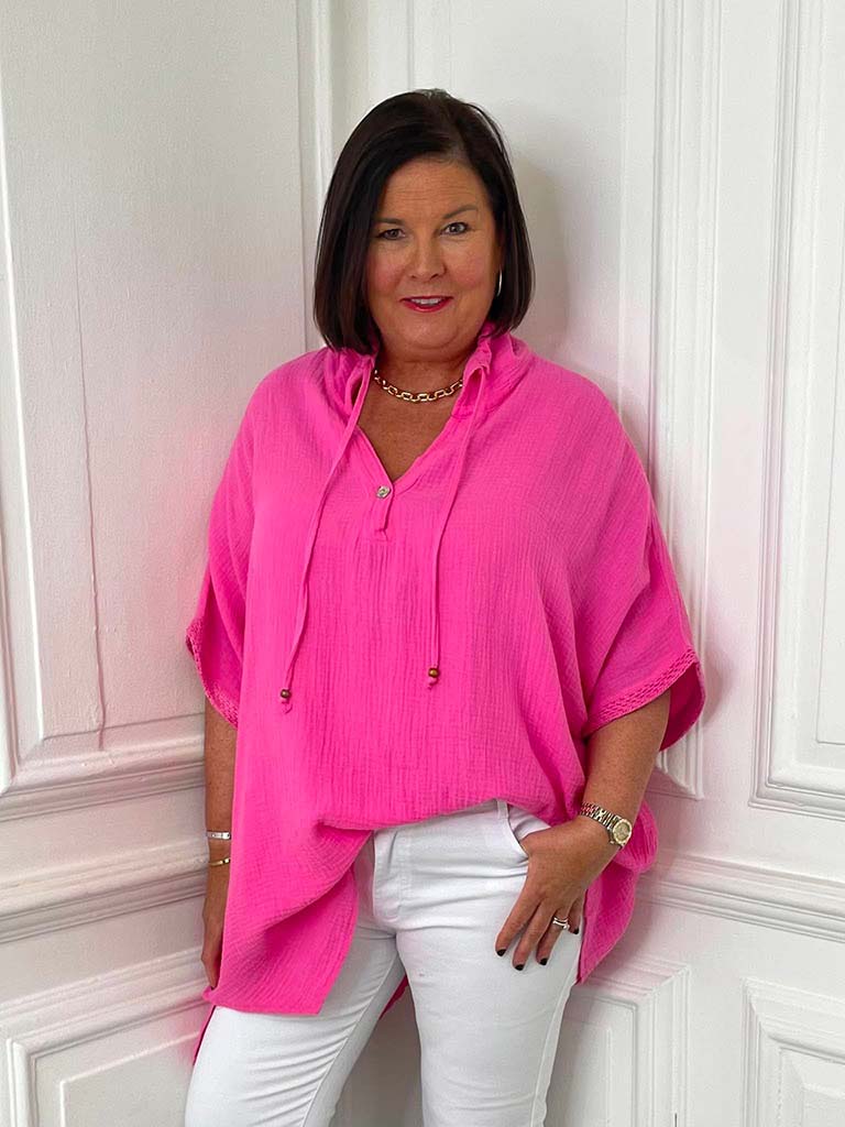 Drawstring Collar Oversized Tunic - Cerise