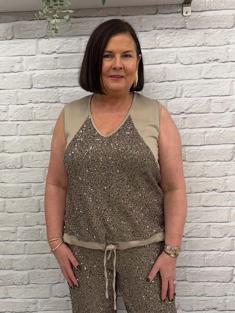 Malissa J Sequin Drawstring Vest - Latte
