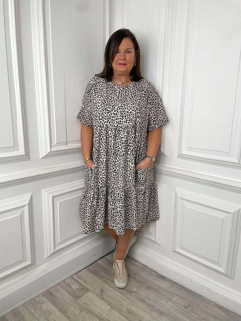 Leopard Print Tiered Smock Dress - Natural