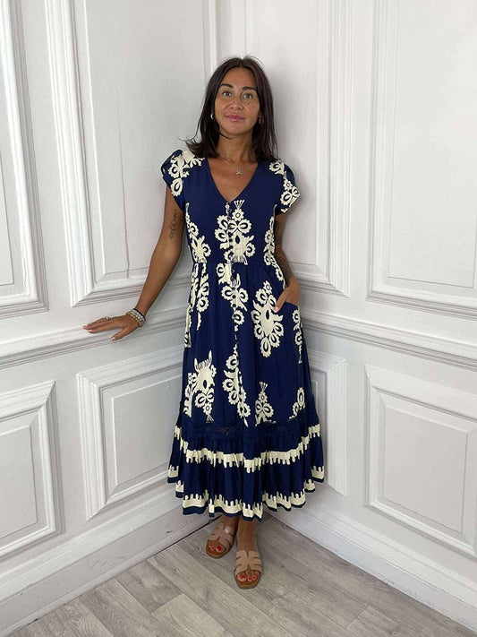 Baroque Print Tea Dress - Navy