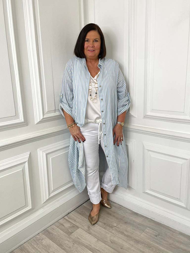 Stripe Linen Shirt Dress - Sky