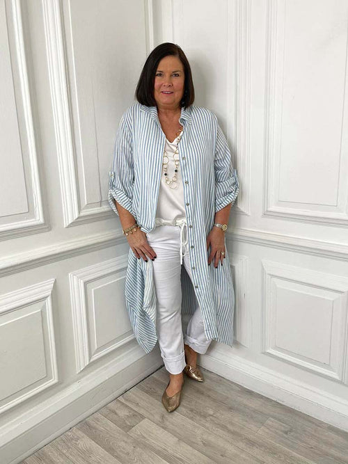 Stripe Linen Shirt Dress - Sky