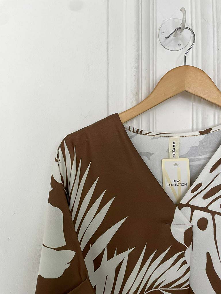 Tropical Print V-Neck Top - Pecan