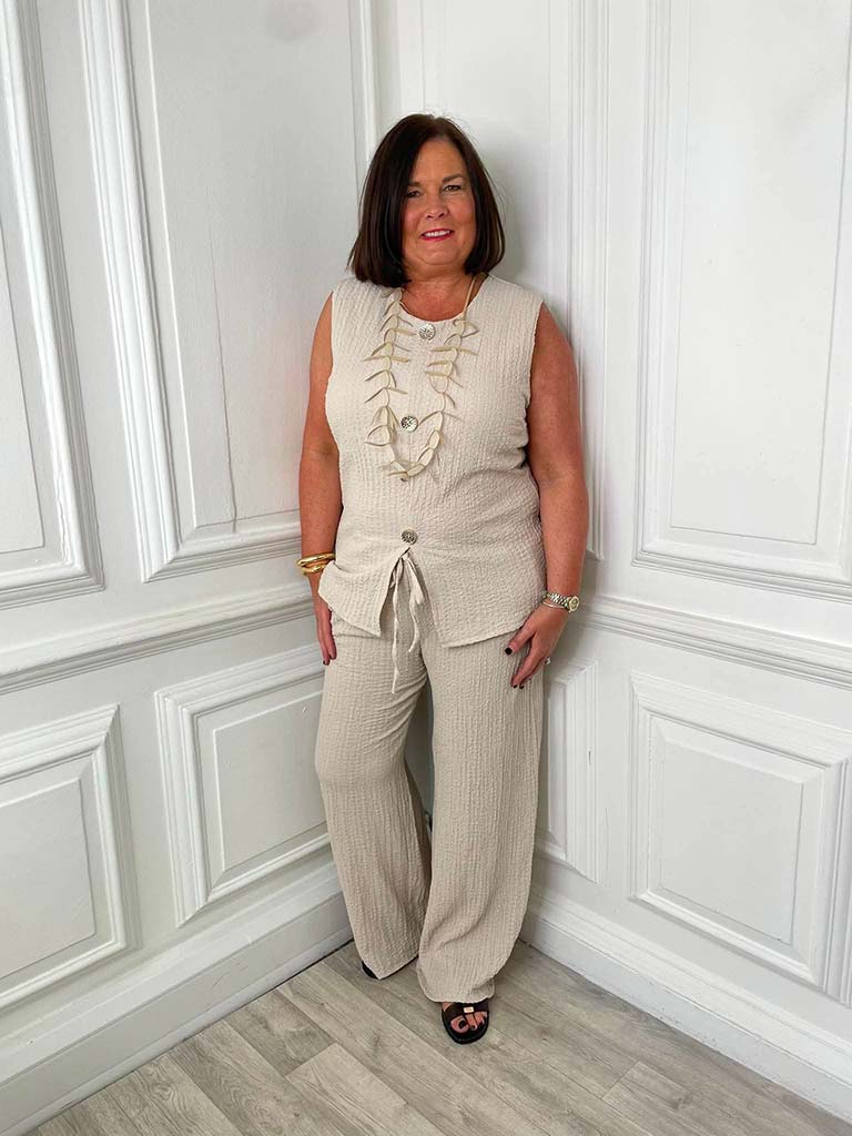 Crinkle Waistcoat & Palazzo Co-ord - Stone