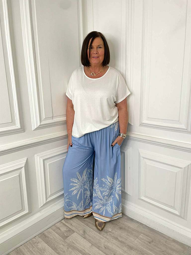 Palm Print Palazzos - Sky