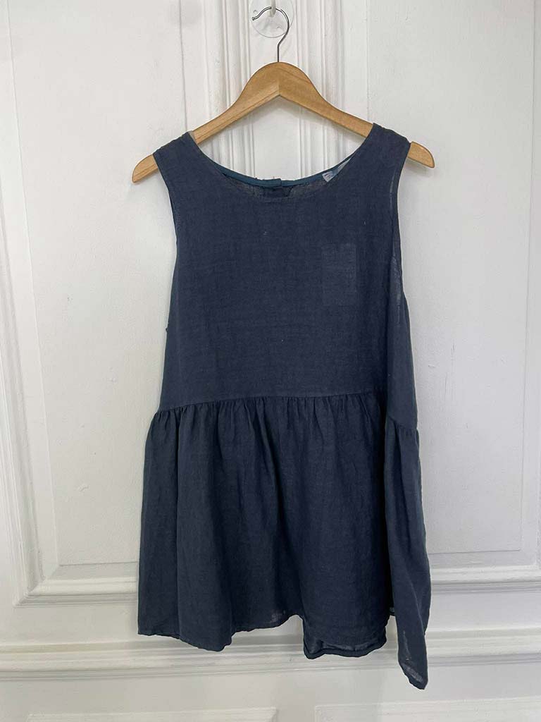 Linen Button Back Sleeveless Top - Navy