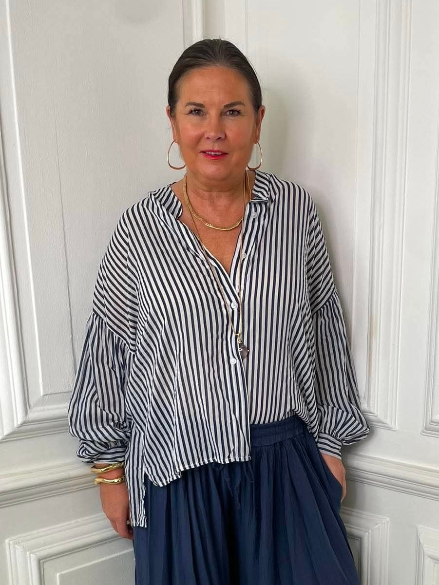 Balloon Sleeve Stripe Blouse - Navy