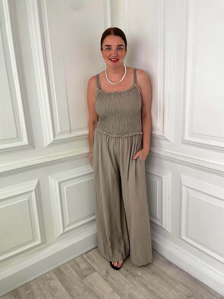 Shirred Strappy Jumpsuit - Mocha