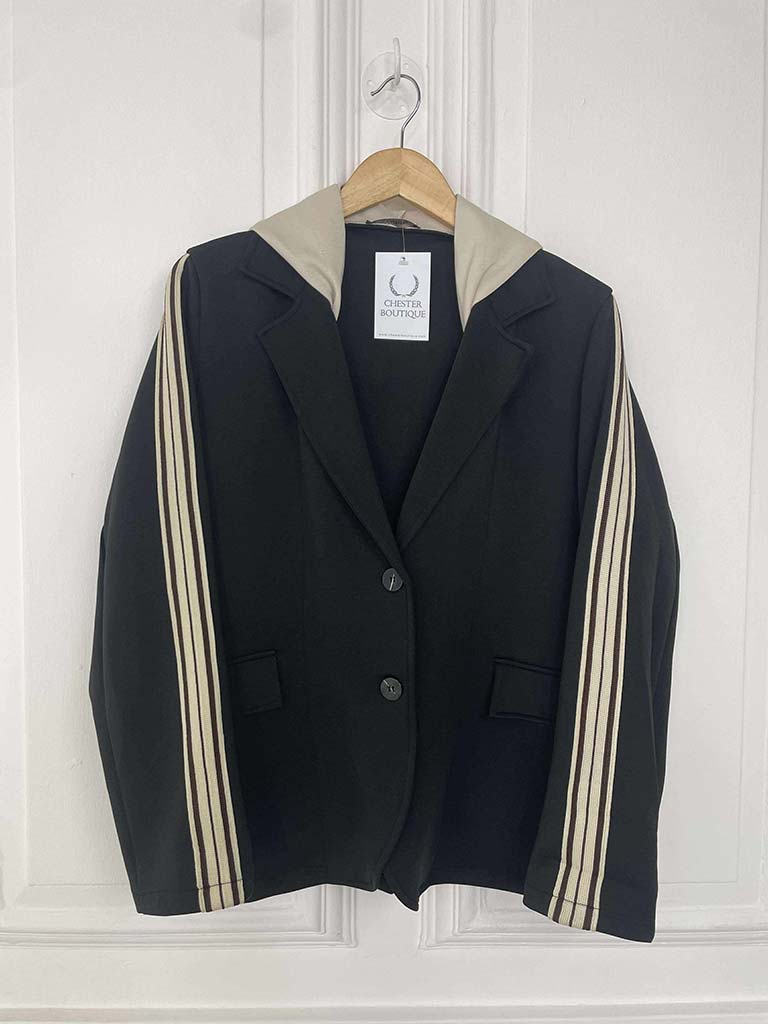 Hooded Stripe Sleeve Blazer - Black