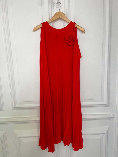 Pleated Flower Midi Dress - Cherry