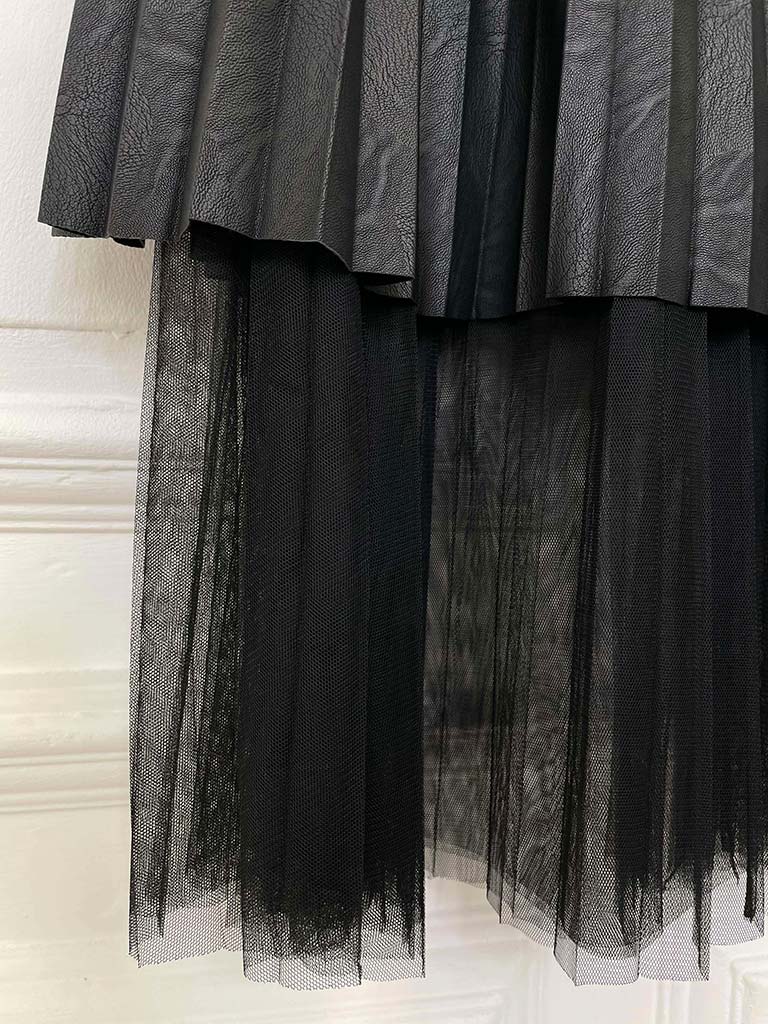 Faux Leather & Tulle Pleat Skirt - Black