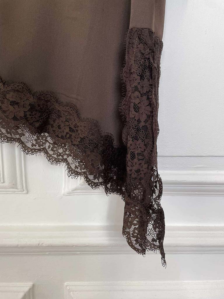 Lace Trim Asymmetric Top - Chocolate