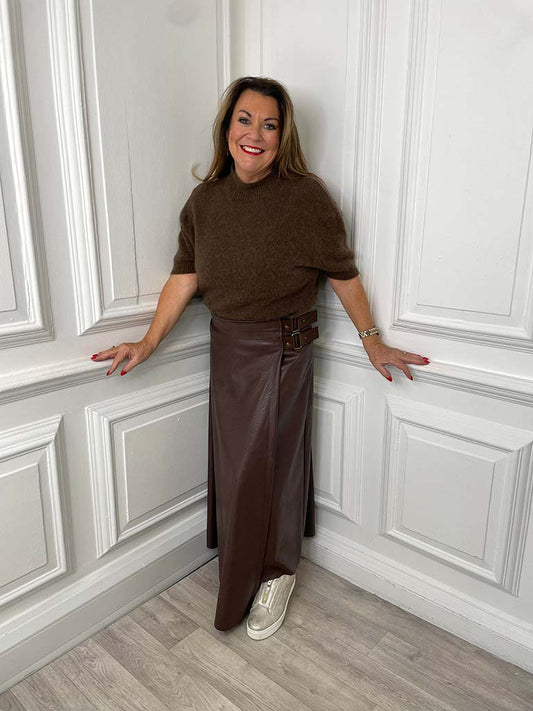Faux Leather Buckle Skirt - Chocolate
