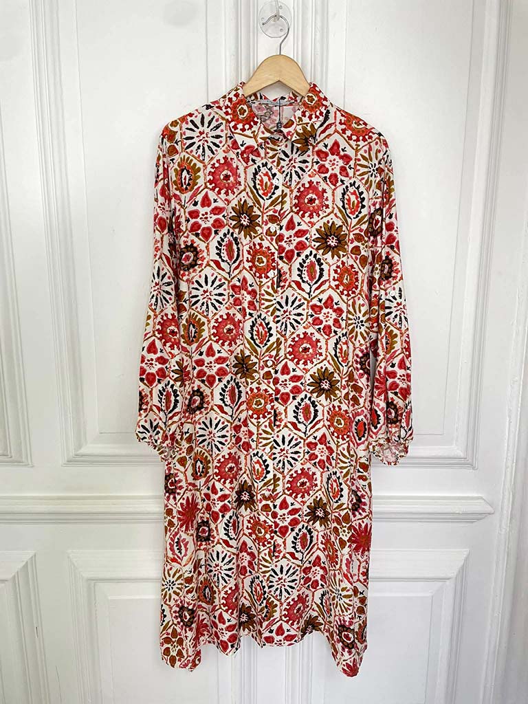 Floral Tile Print Shirt Dress