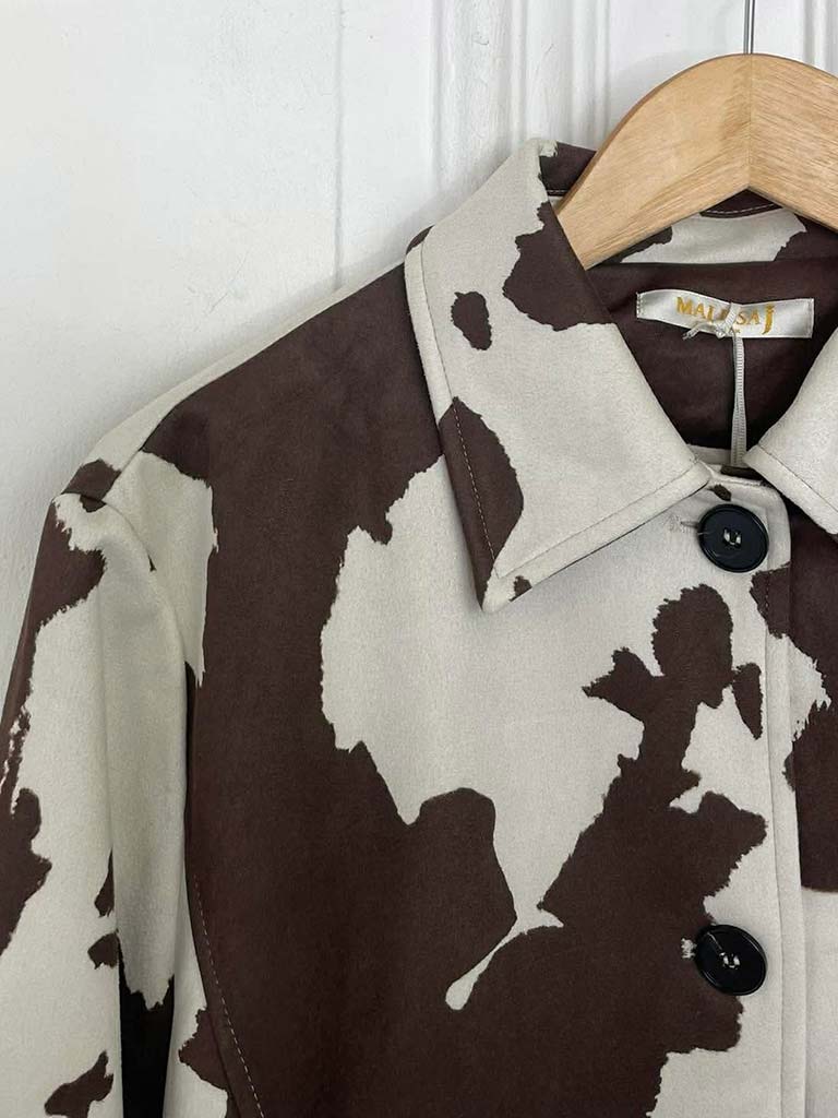 Malissa J Faux Suede Cow Print Belted Jacket