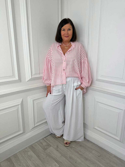 Gingham Balloon Sleeve Shirt - Petal