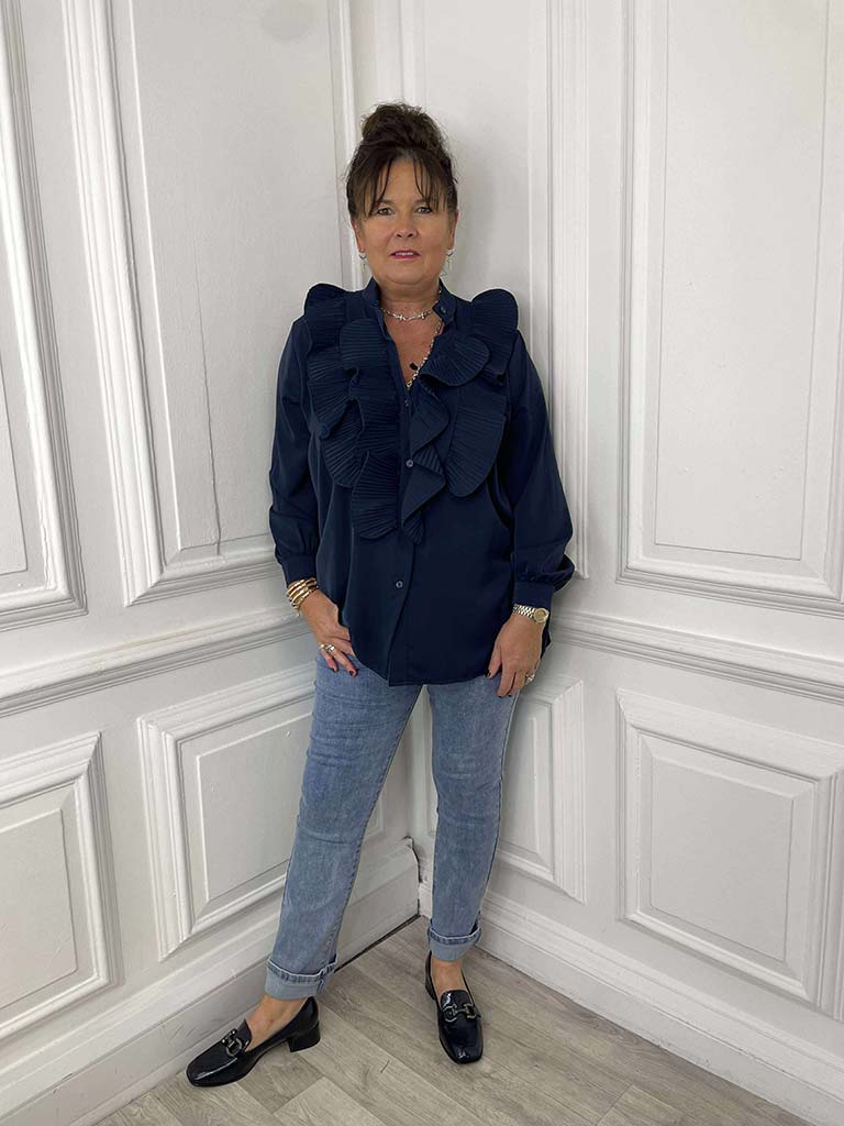 Plissé Ruffle Shirt - Navy