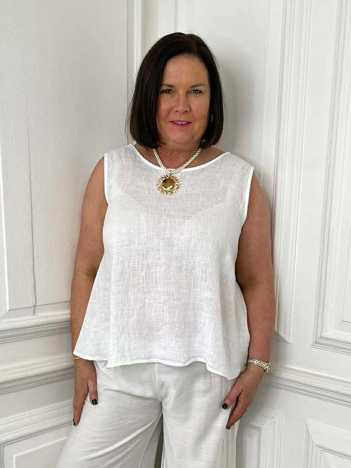 White linen sleeveless button-back top with relaxed fit, perfect for modern everyday wear in womens fashion. - Linen Button Back Top - White