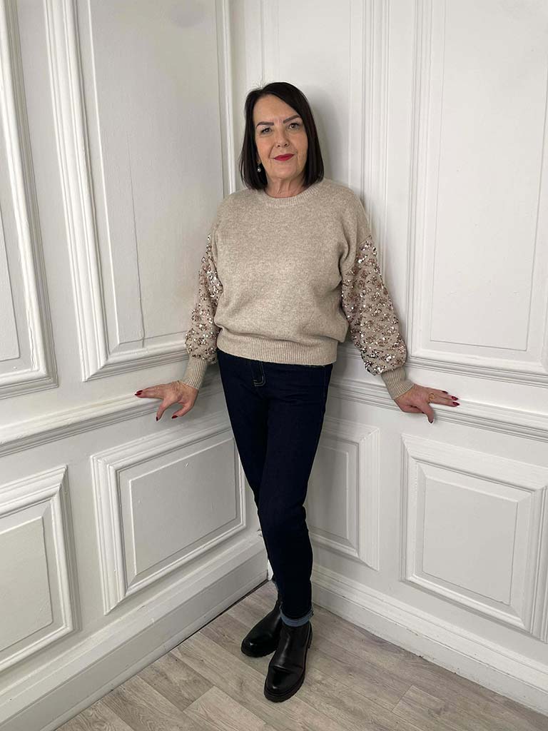 Diamond Sequin Sleeve Knit - Oat