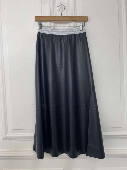 Malissa J Faux Leather A-Line Skirt - Navy