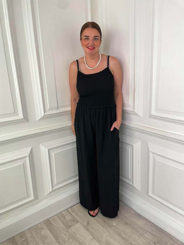 Shirred Strappy Jumpsuit - Black