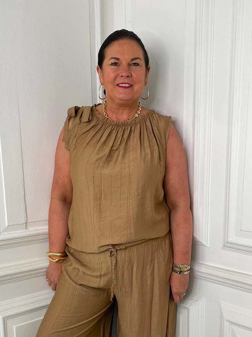 Tie Shoulder Balloon Co-ord - Caramel