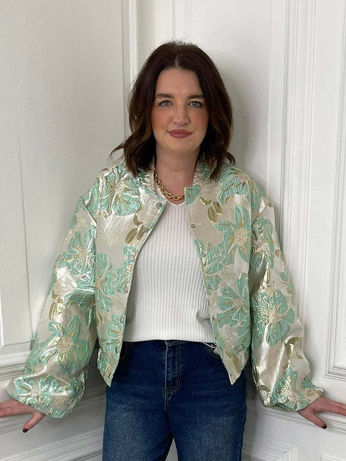 Metallic Puff Sleeve Bomber Jacket