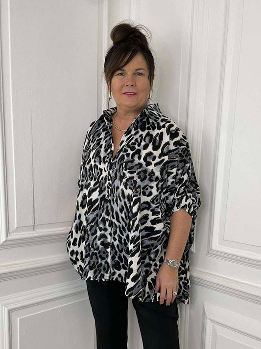 Animal Print Oversized Shirt - Grey