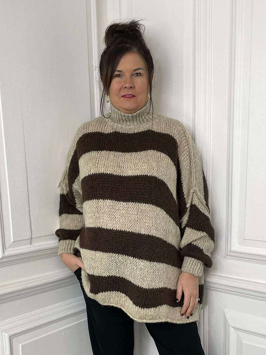 Chunky Exposed Seam Stripe Knit - Oat & Chocolate