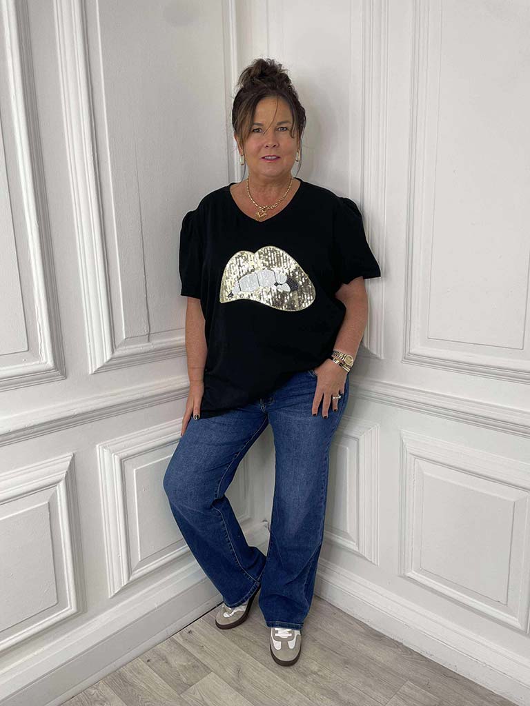 Sequin Lips Tee - Black