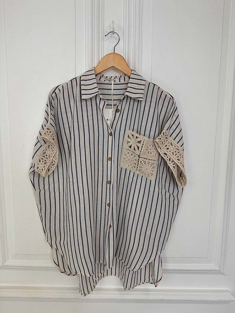 Stripe & Crochet Detail Shirt - Blue