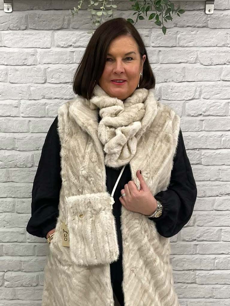 Malissa J Faux Fur Chevron Gilet - Stone