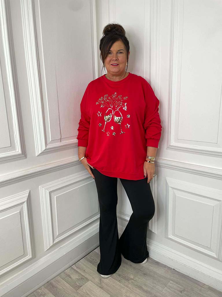 Sequin Champagne Jersey Top - Red