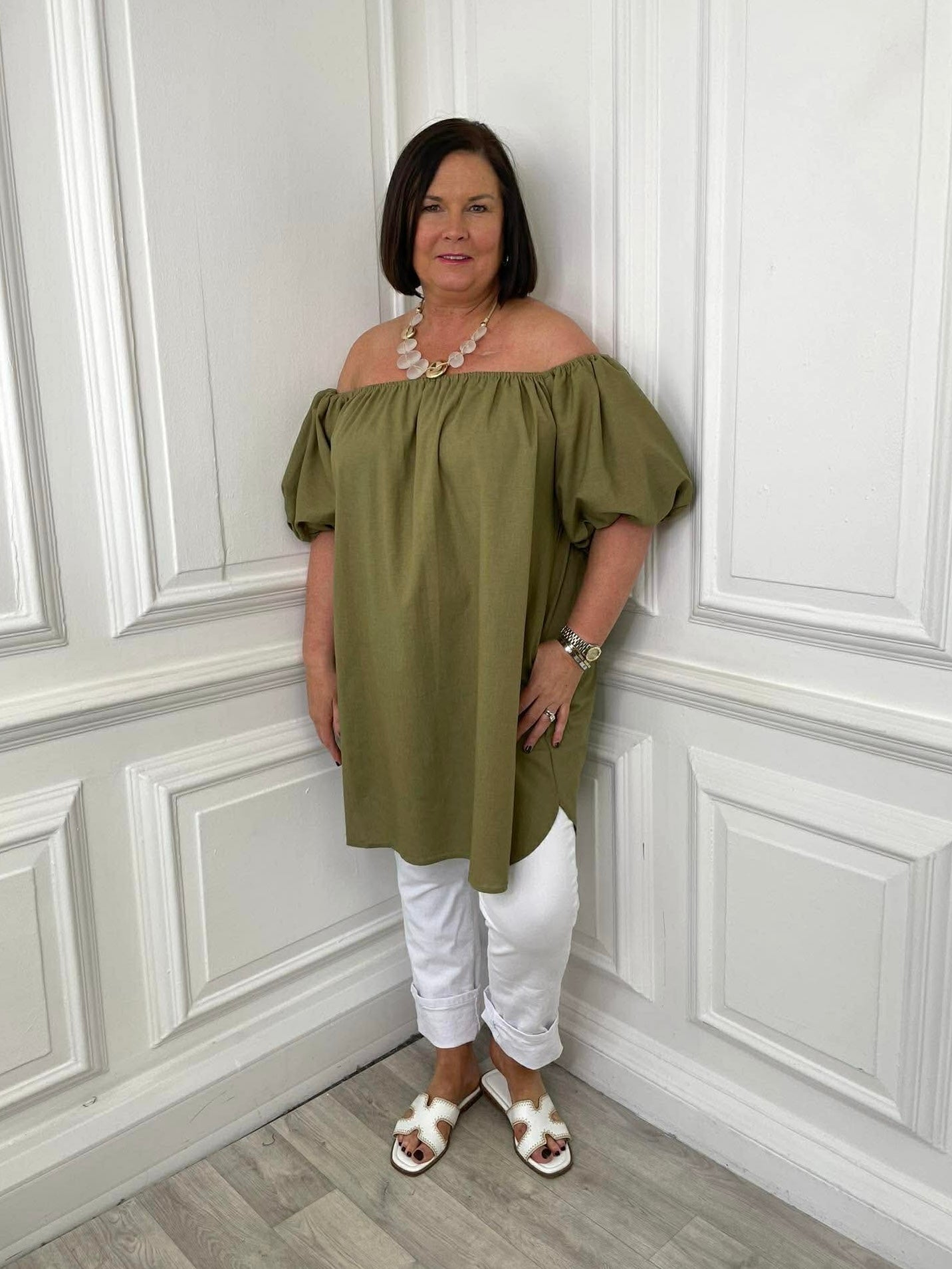 Bardot Puff Sleeve Tunic - Khaki