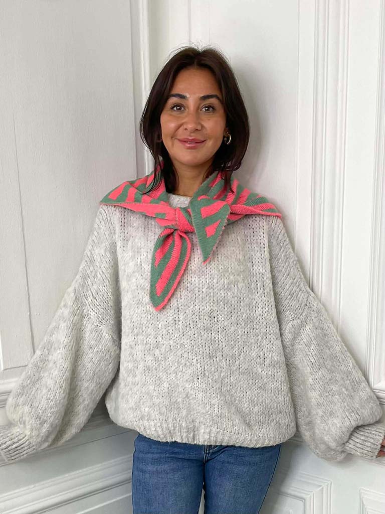 Knitted Triangle Scarf - Coral & Sage