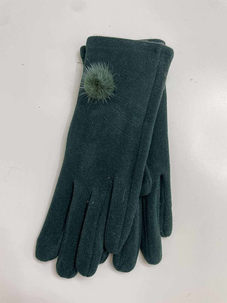 Faux Fur Pom Pom Gloves - Forest
