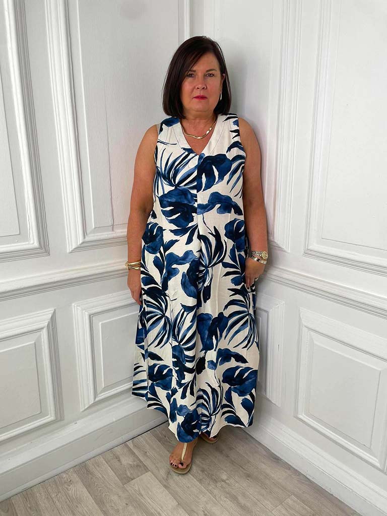 Tropical Print Dress - Navy